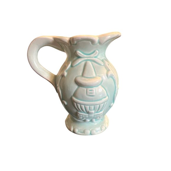 Vintage Norleans Light Blue Teal Ceramic Pitcher Floral Relief Design 4" Tall - Picture 4 of 8